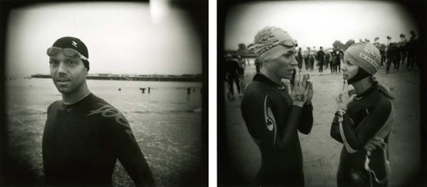 I really enjoy photographing the start of local triathlons. There’s a lot of energy and emotion flying around.  Plus, nobody says “no” to being photographed at these events.  These two photos were taken at the Santa Cruz Triathlon last September.  It was a dark, grey morning.  Looking for something different, I was using way out of date Delta 3200 ASA film and a heavily duct taped Holga.