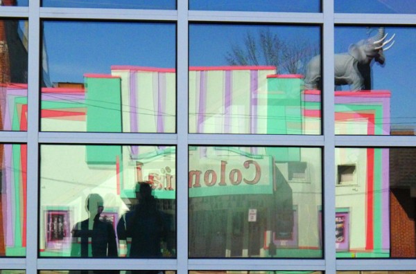 Reflection, across the street from the Colonial Theater in Belfast, Maine.