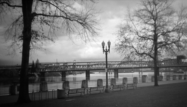 Waterfront Park, Willamette River and a few of Portland's bridges. It kind of looks old timey.